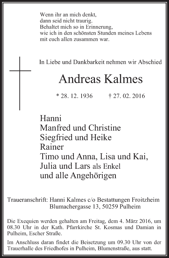  Traueranzeige für Andreas Kalmes vom 02.03.2016 aus  Wochenende 