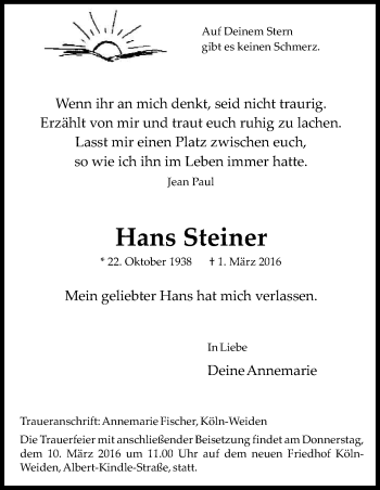 Anzeige von Hans Steiner von Kölner Stadt-Anzeiger / Kölnische Rundschau / Express