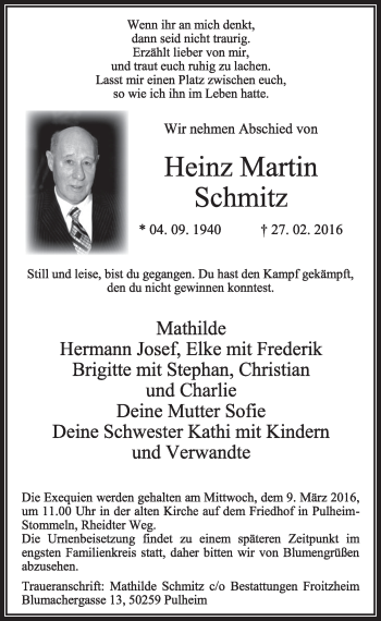 Anzeige von Heinz Martin Schmitz von  Sonntags-Post 