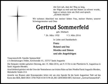 Anzeige von Gertrud Sommerfeld von Kölner Stadt-Anzeiger / Kölnische Rundschau / Express