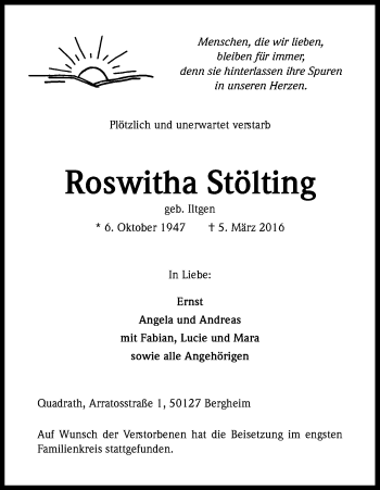 Anzeige von Roswitha Stölting von Kölner Stadt-Anzeiger / Kölnische Rundschau / Express