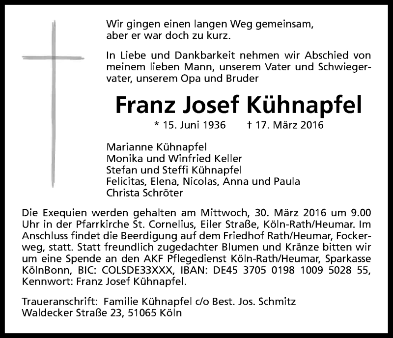  Traueranzeige für Franz Josef Kühnapfel vom 23.03.2016 aus Kölner Stadt-Anzeiger / Kölnische Rundschau / Express