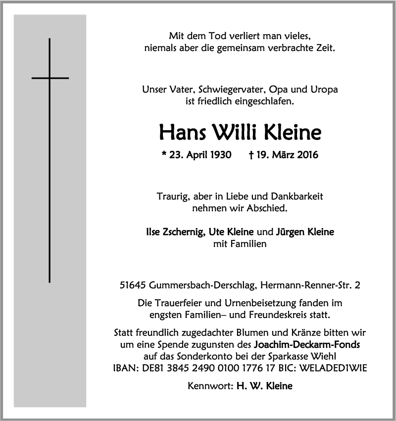  Traueranzeige für Hans Willi Kleine vom 26.03.2016 aus Kölner Stadt-Anzeiger / Kölnische Rundschau / Express