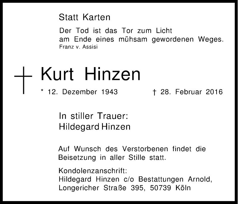  Traueranzeige für Kurt Hinzen vom 05.03.2016 aus Kölner Stadt-Anzeiger / Kölnische Rundschau / Express