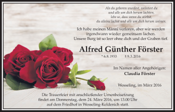 Anzeige von Alfred Günther Förster von  Blickpunkt Euskirchen 