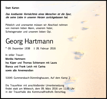 Anzeige von Georg Hartmann von Kölner Stadt-Anzeiger / Kölnische Rundschau / Express