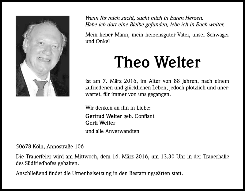  Traueranzeige für Theo Welter vom 12.03.2016 aus Kölner Stadt-Anzeiger / Kölnische Rundschau / Express