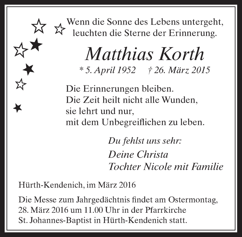  Traueranzeige für Matthias Korth vom 23.03.2016 aus  Wochenende 