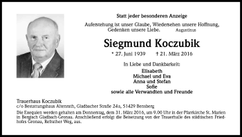 Anzeige von Siegmund Koczubik von Kölner Stadt-Anzeiger / Kölnische Rundschau / Express