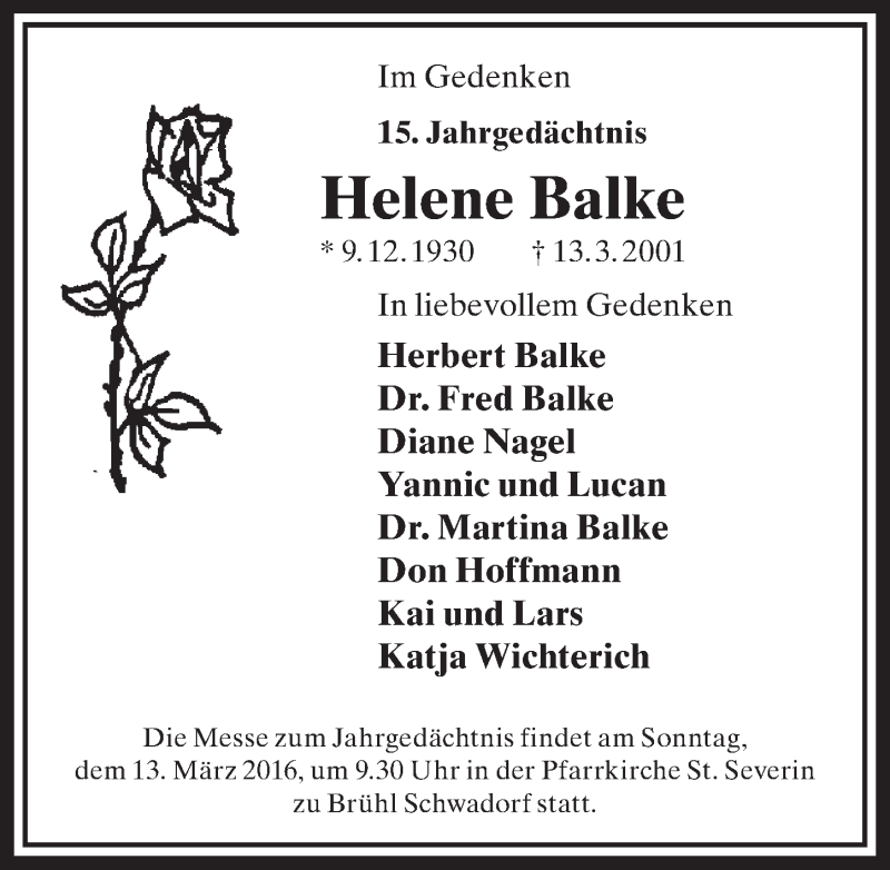  Traueranzeige für Helene Balke vom 09.03.2016 aus  Schlossbote/Werbekurier 