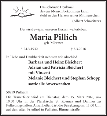 Anzeige von Maria Pillich von  Sonntags-Post 