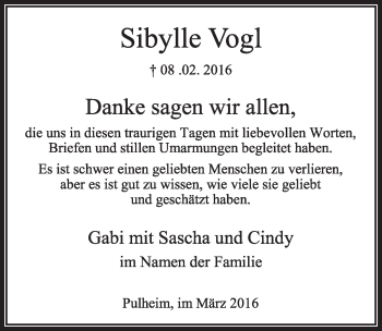 Anzeige von Sibylle Vogl von  Sonntags-Post 