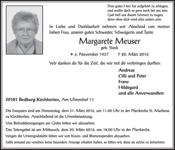 Anzeige von Margarete Meuser von  Sonntags-Post 