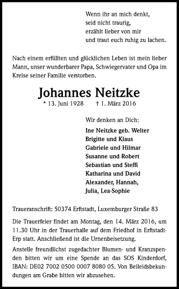 Anzeige von Johannes Neitzke von Kölner Stadt-Anzeiger / Kölnische Rundschau / Express