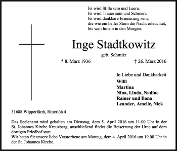 Anzeige von Inge Stadtkowitz von Kölner Stadt-Anzeiger / Kölnische Rundschau / Express