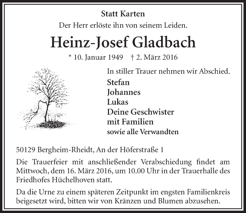  Traueranzeige für Heinz-Josef Gladbach vom 12.03.2016 aus  Sonntags-Post 