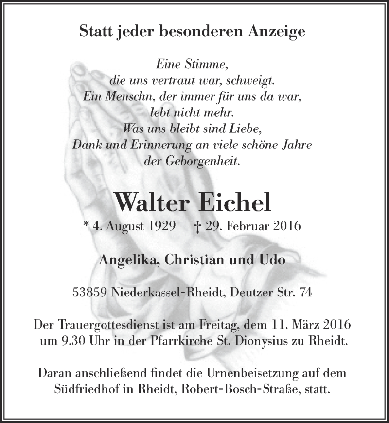  Traueranzeige für Walter Eichel vom 09.03.2016 aus  Extra Blatt 
