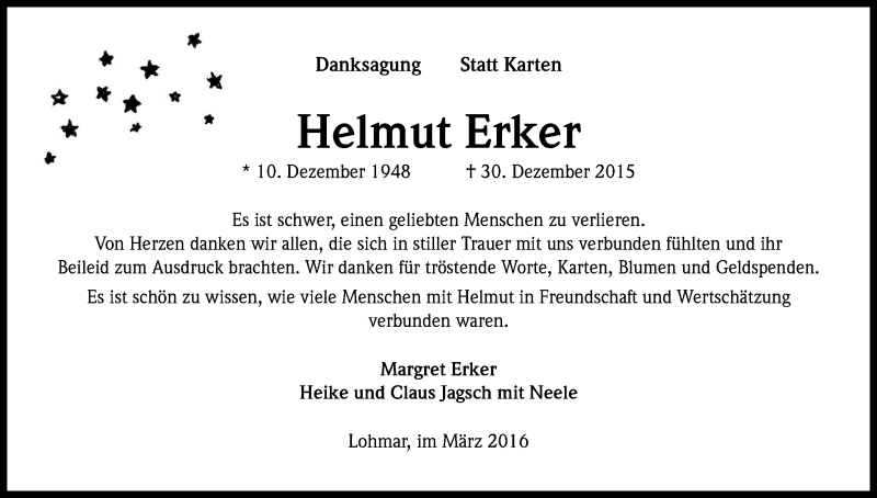 Traueranzeige für Helmut Erker vom 12.03.2016 aus Kölner Stadt-Anzeiger / Kölnische Rundschau / Express