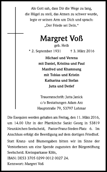 Anzeige von Margret Voß von Kölner Stadt-Anzeiger / Kölnische Rundschau / Express
