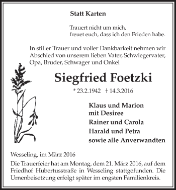 Anzeige von Siegfried Foetzki von  Schlossbote/Werbekurier 
