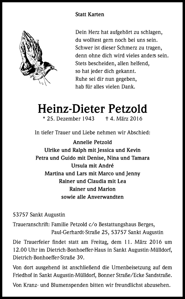  Traueranzeige für Heinz-Dieter Petzold vom 09.03.2016 aus Kölner Stadt-Anzeiger / Kölnische Rundschau / Express