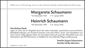 Anzeige von Margarete und Heinrich Schaumann von  Lokalanzeiger 