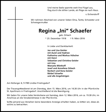 Anzeige von Regina Schaefer von Kölner Stadt-Anzeiger / Kölnische Rundschau / Express