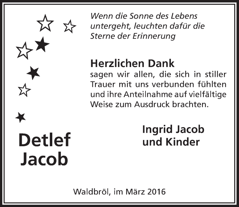  Traueranzeige für Detlef Jacob vom 16.03.2016 aus  Lokalanzeiger 
