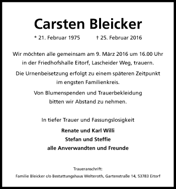 Anzeige von Carsten Bleicker von Kölner Stadt-Anzeiger / Kölnische Rundschau / Express