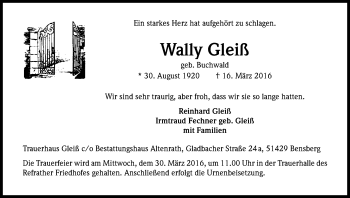 Anzeige von Wally Gleiß von Kölner Stadt-Anzeiger / Kölnische Rundschau / Express