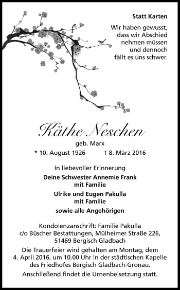 Anzeige von Käthe Neschen von Kölner Stadt-Anzeiger / Kölnische Rundschau / Express
