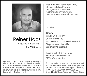 Anzeige von Reiner Haas von Kölner Stadt-Anzeiger / Kölnische Rundschau / Express