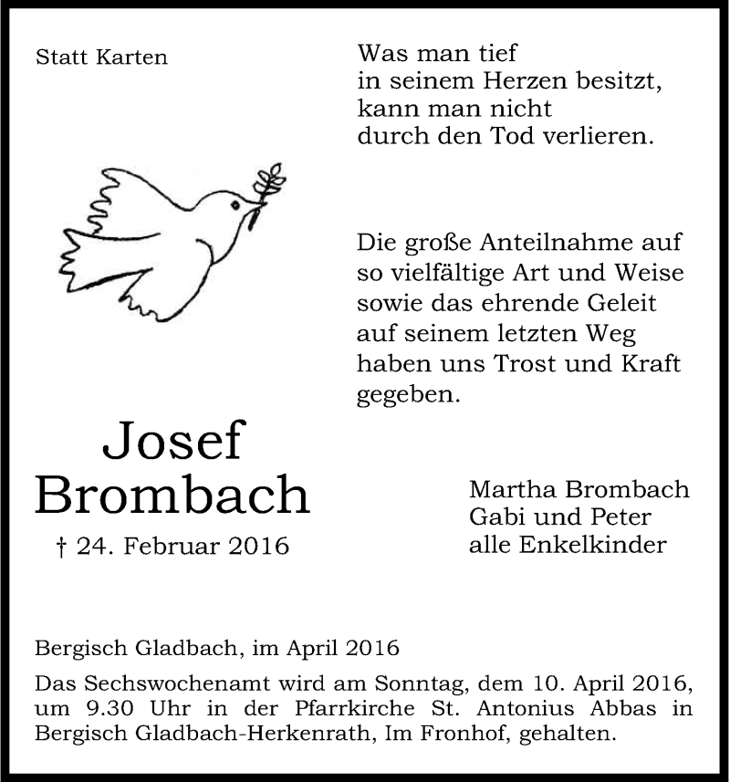  Traueranzeige für Josef Brombach vom 01.04.2016 aus Kölner Stadt-Anzeiger / Kölnische Rundschau / Express