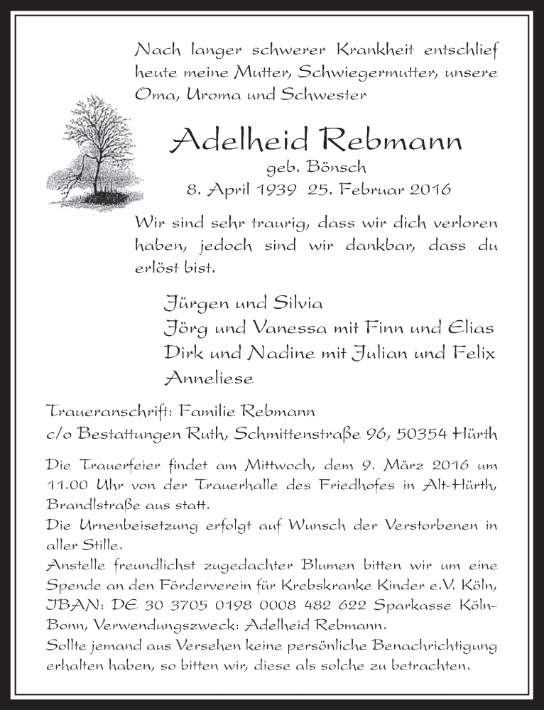  Traueranzeige für Adelheid Rebmann vom 02.03.2016 aus  Wochenende 