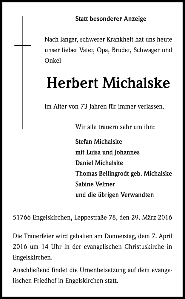  Traueranzeige für Herbert Michalske vom 31.03.2016 aus Kölner Stadt-Anzeiger / Kölnische Rundschau / Express