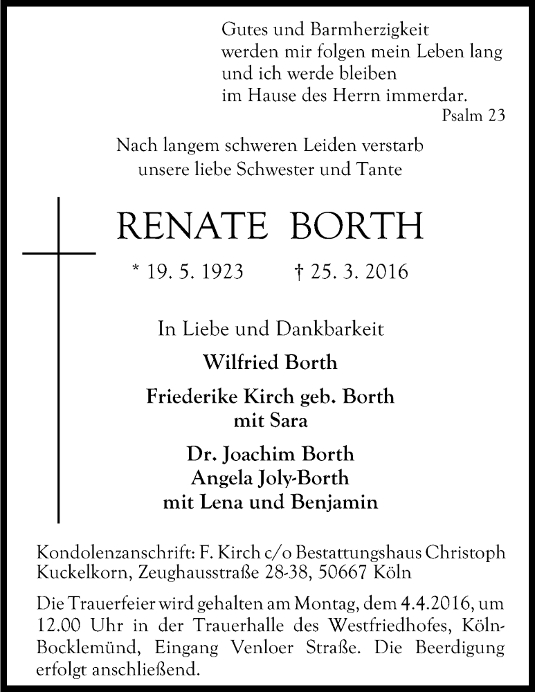  Traueranzeige für Renate Borth vom 30.03.2016 aus Kölner Stadt-Anzeiger / Kölnische Rundschau / Express
