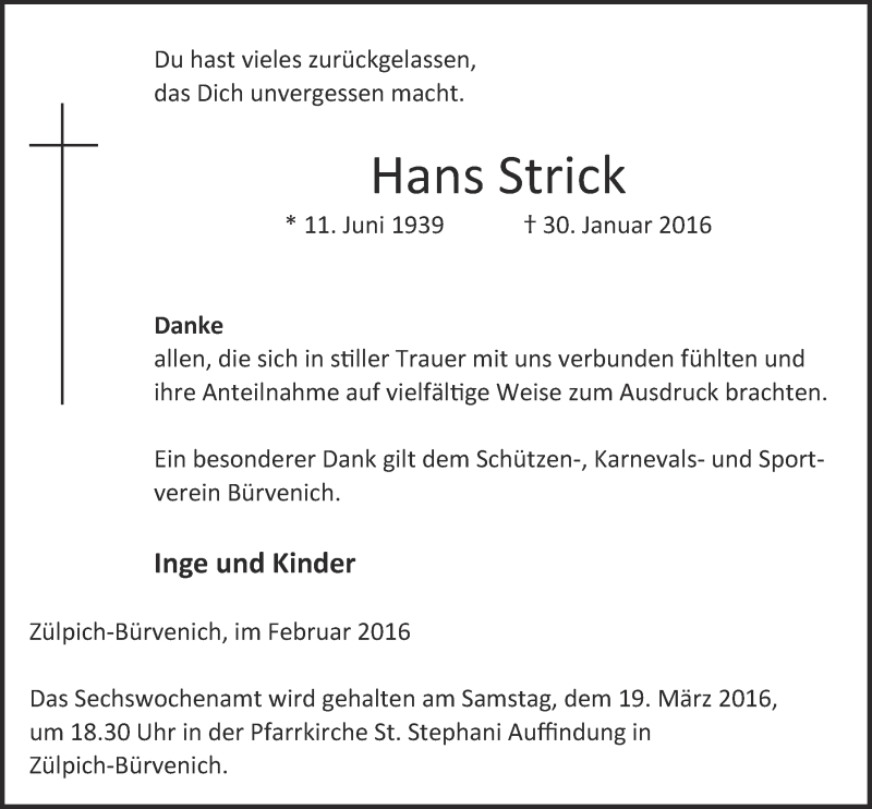  Traueranzeige für Hans Strick vom 06.03.2016 aus  Blickpunkt Euskirchen 