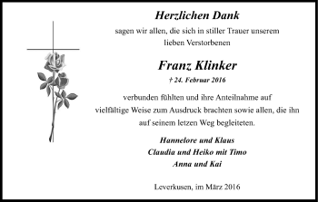 Anzeige von Franz Klinker von Kölner Stadt-Anzeiger / Kölnische Rundschau / Express