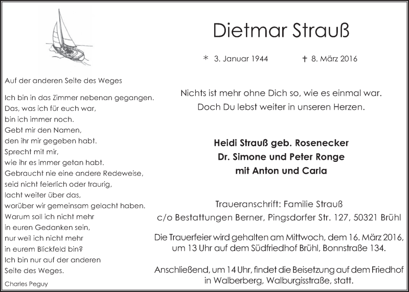  Traueranzeige für Dietmar Strauß vom 16.03.2016 aus  Schlossbote/Werbekurier 