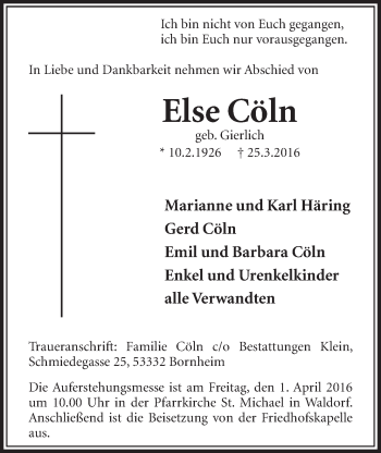 Anzeige von Else Cöln von  Schlossbote/Werbekurier 