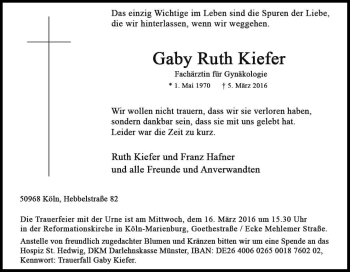 Anzeige von Gaby Ruth Kiefer von Kölner Stadt-Anzeiger / Kölnische Rundschau / Express