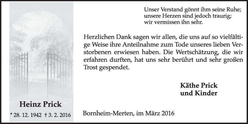  Traueranzeige für Heinz Prick vom 23.03.2016 aus  Schlossbote/Werbekurier 