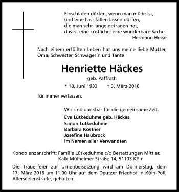 Anzeige von Henriette Häckes von Kölner Stadt-Anzeiger / Kölnische Rundschau / Express
