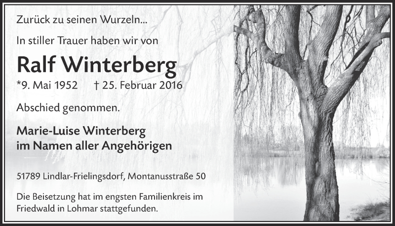  Traueranzeige für Ralf Winterberg vom 23.03.2016 aus  Anzeigen Echo 