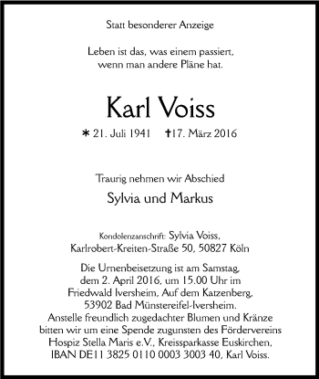 Anzeige von Karl Voiss von Kölner Stadt-Anzeiger / Kölnische Rundschau / Express