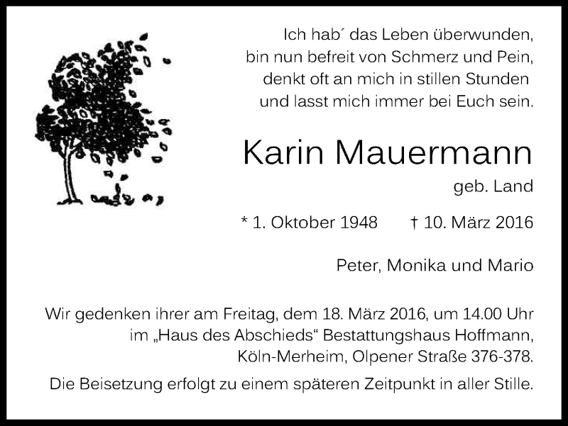  Traueranzeige für Karin Mauermann vom 16.03.2016 aus Kölner Stadt-Anzeiger / Kölnische Rundschau / Express