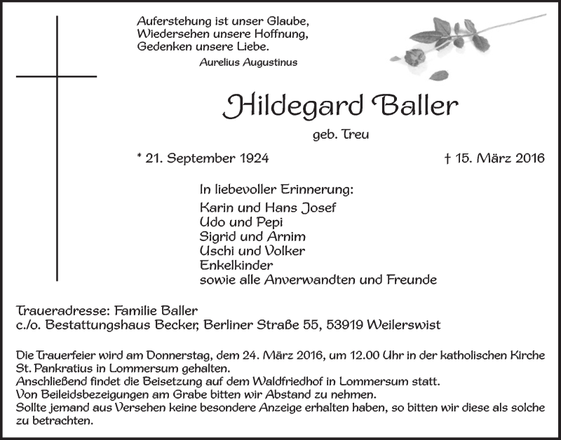  Traueranzeige für Hildegard Baller vom 20.03.2016 aus  Blickpunkt Euskirchen 
