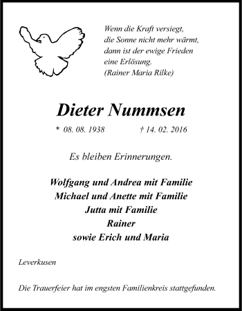Anzeige von Dieter Nummsen von Kölner Stadt-Anzeiger / Kölnische Rundschau / Express