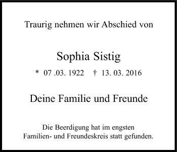 Anzeige von Sophia Sistig von Kölner Stadt-Anzeiger / Kölnische Rundschau / Express