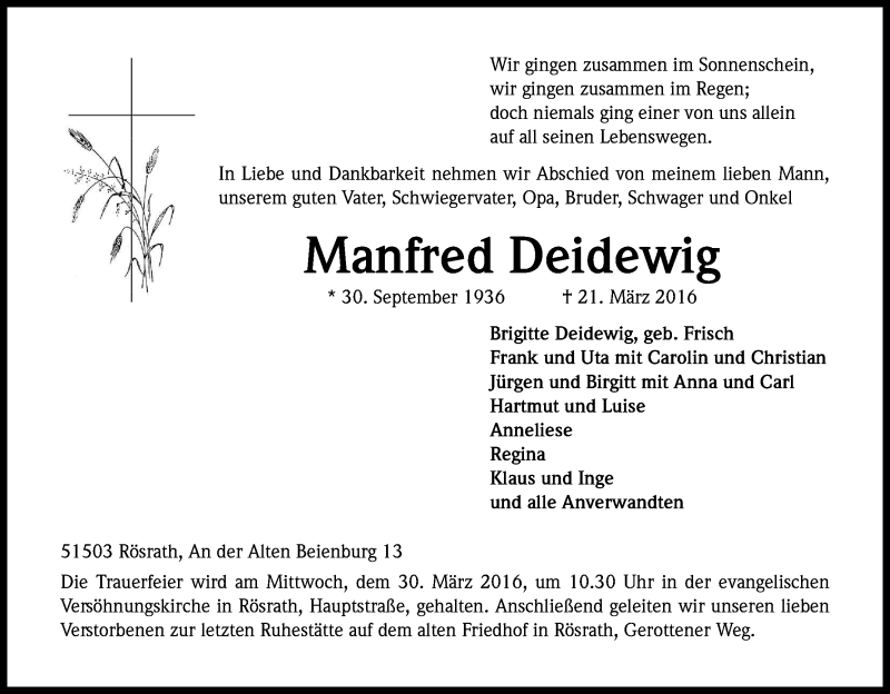  Traueranzeige für Manfred Deidewig vom 26.03.2016 aus Kölner Stadt-Anzeiger / Kölnische Rundschau / Express